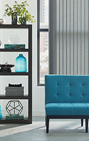 rectangular blue couch with square bookcase