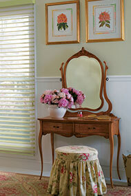 Pastel fabric chair ottoman at vanity desk